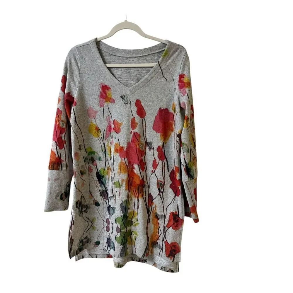 Soft Surroundings tunic top gray with watercolor look floral sz Small